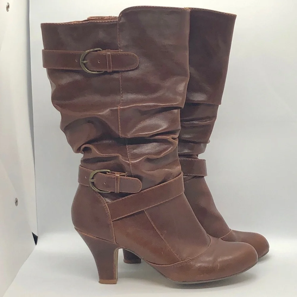 TAXI Light Brown Heeded Leather Boots, Size 38 (7.5) - Picture 1 of 12
